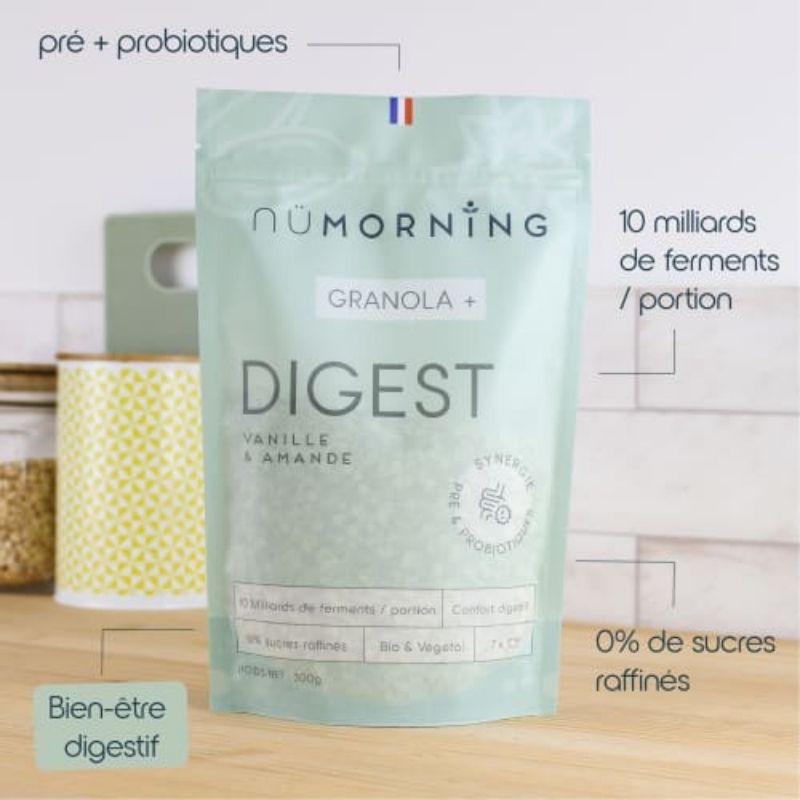 Granola DIGEST - Vanille, amande et pré & probiotiques de Nümorning sur Véganie