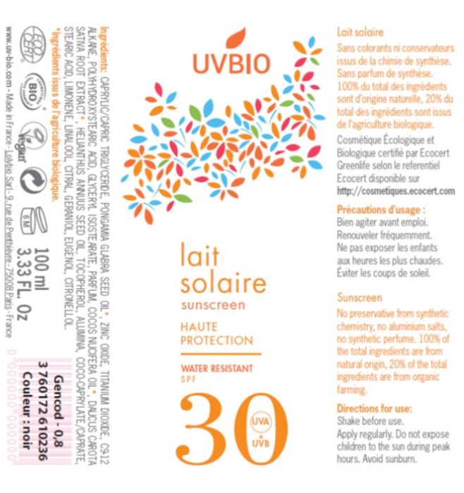 Lait Solaire UVBio SPF 30 - Protection visage et corps 100mL